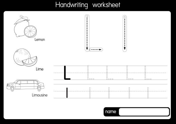 アルファベット文字lの黒と白のベクトルイラスト子供のための大文字または大文字の練習abc - lime juice illustrations点のイラスト素材／クリップアート素材／マンガ素材／アイコン素材