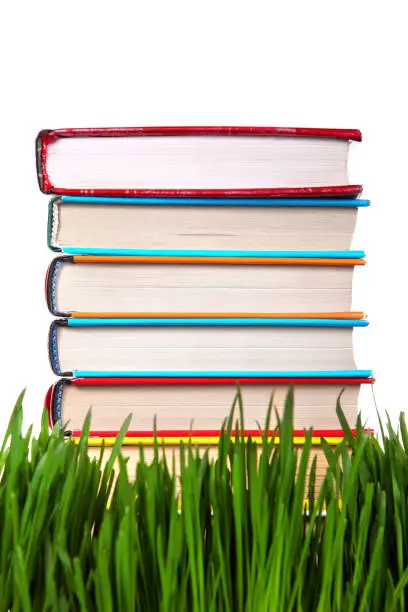 Pile of the Books on the Fresh Grass on the White Background Closeup