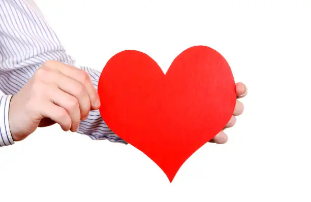 Person holds Red Heart shape close-up Isolated on the White Background