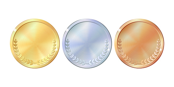 Set of gold, silver and bronze round empty medals. Concept of an award for victory winning first placement achievement or quality isolated on white background. Can be used as a coin button icons