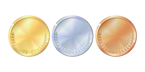Set of gold, silver and bronze round empty medals. Set of gold, silver and bronze round empty medals. Concept of an award for victory winning first placement achievement or quality isolated on white background. Can be used as a coin button icons bronze alloy stock illustrations