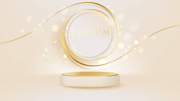 Realistic cream color podium with gold ribbon elements with glitter light effect. Luxury banner background design. Realistic cream color podium with gold ribbon elements with glitter light effect. Luxury banner background design. gold podium stock illustrations