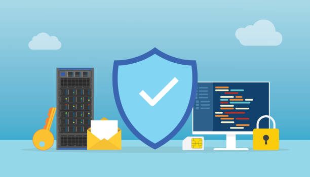 network security concept with shield and padlock server with programming language with modern flat style network security concept with shield and padlock server with programming language with modern flat style vector illustration antivirus software stock illustrations