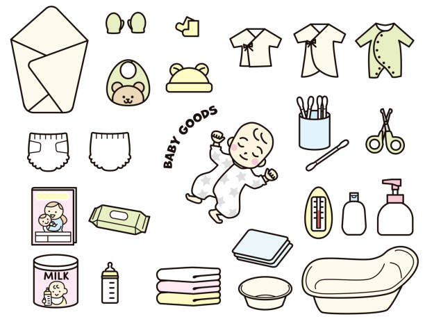 귀여운 아기와 아기 용품을 자고 있습니다. - lifestyles cute white background baby stock illustrations