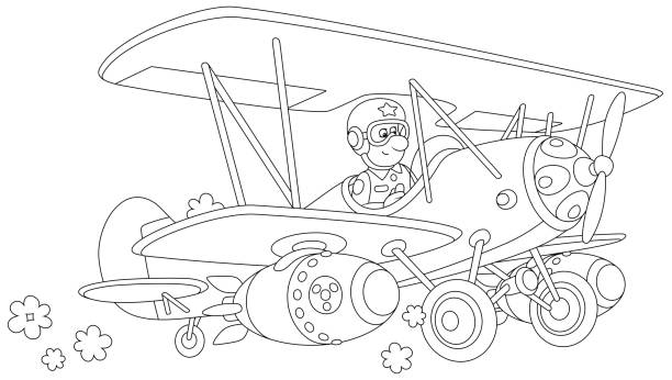 Old-fashioned war plane with bombs Toy military airplane piloting by a funny cartoon aviator, black and white outline vector cartoon illustration for a coloring book page clip art of a aviator sunglasses stock illustrations