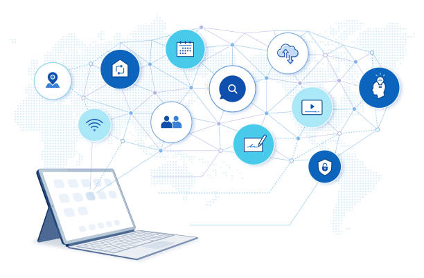 digital network connection illustration: internet of things, seo, online education platform future technology, tablet pc side view, world map background artificial intelligence icon stock illustrations