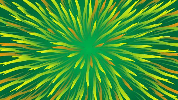 노란색 추상 깃털의 형태로 녹색으로 감싸인 배경 - exploding energy abstract backgrounds stock illustrations