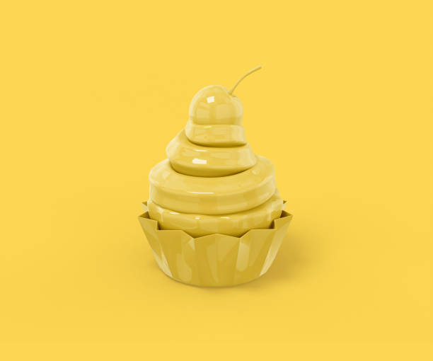 istock Yellow cake with cream and cherry on top on a yellow background. Minimalistic design object. 3d rendering icon ui ux interface element. 1360636306
