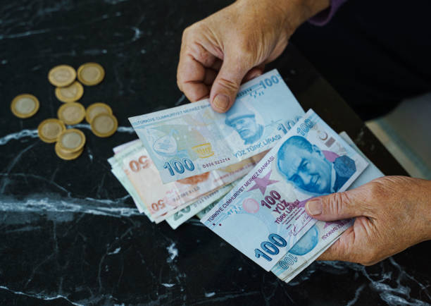 은퇴한 여성, 집에서 터키 리라 를 세고, 가까이 - 지폐 통화 뉴스 사진 이미지