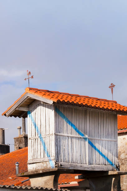 hórreo, bandera de galicia, azoteas de pueblo en galicia, españa - roof roof tile rooster weather vane fotografías e imágenes de stock