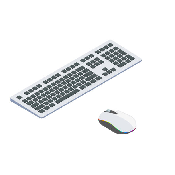 Modern computer keyboard and mouse isometric vector illustration. Modern computer keyboard and mouse isometric vector illustration. Computer technology isometric illustration. Vector icon. typing on computer keyboard stock illustrations
