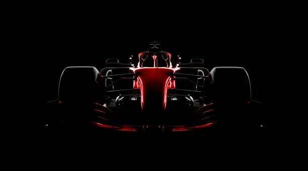 Generic red racecar (racing car) prototype, silhouette on black. Car of my own design, legal to use. Photorealistic render.