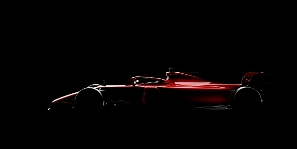 Generic red racecar (racing car) prototype, silhouette on black. Car of my own design, legal to use. Photorealistic render.