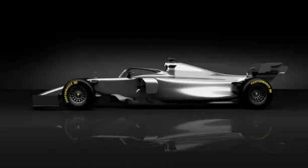 Generic silver racecar (racing car) prototype, silhouette on black. Car of my own design, legal to use. Photorealistic render.