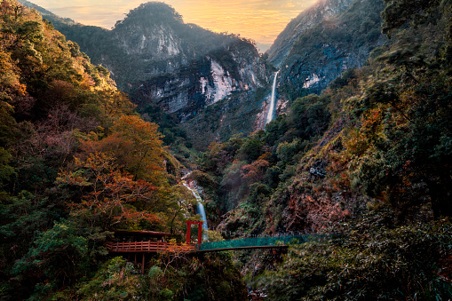 Double layer waterfalls with  bridge in the Taroko