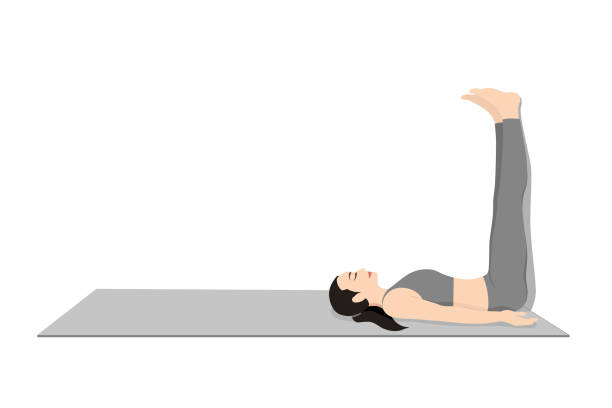 Legs up the Wall Pose, Viparita Karani, Inverted Pose Legs up the Wall Pose, Inverted Pose. Beautiful girl practice Viparita Karani. Young attractive woman practicing yoga exercise. working out, black wearing sportswear, grey pants and top, indoor full length, calmness and relax. legs against the wall stock illustrations