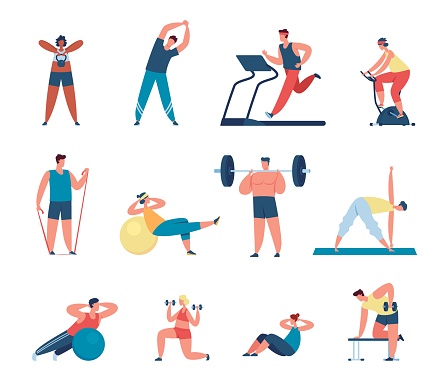 People exercise in gym, athletes training with sports equipment. Characters stretching, lifting dumbbells, fitness workout vector set. Man having cardio training on treadmill, woman doing yoga