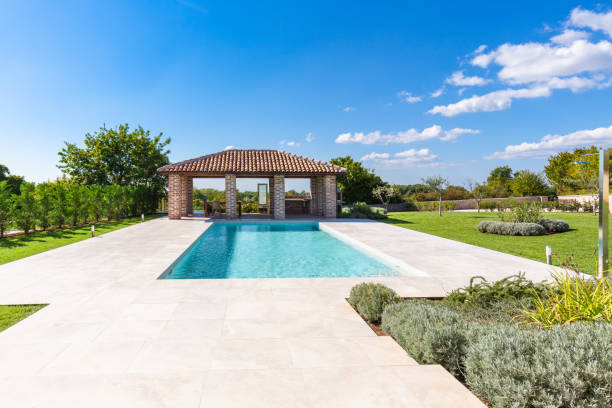 istock Luxurious beautiful modern villa with swimming pool and yard garden 1360643926