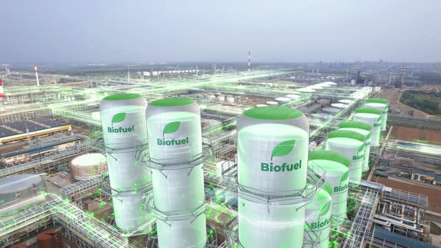 Filling tanks with biofuel, renewable energy production factory plant. Motion graphics concept of biofuel loading.