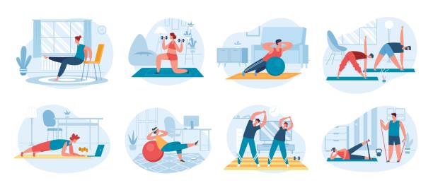 People exercise at home, doing indoor fitness or cardio workout. Characters practicing yoga, stretching, doing aerobic exercises vector set vector art illustration