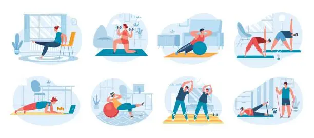 Vector illustration of People exercise at home, doing indoor fitness or cardio workout. Characters practicing yoga, stretching, doing aerobic exercises vector set