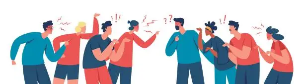 Vector illustration of Two groups of people arguing and fighting, conflict among people. Angry characters having argument or disagreement vector illustration