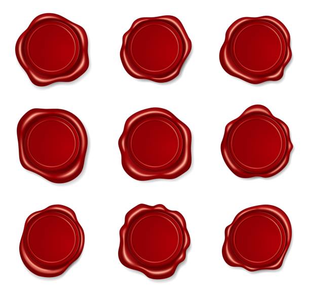 istock Realistic red wax seal, round sealing stamps. Embossing envelope stamp for envelope or certificate, medieval sealed letter label vector set 1360650852