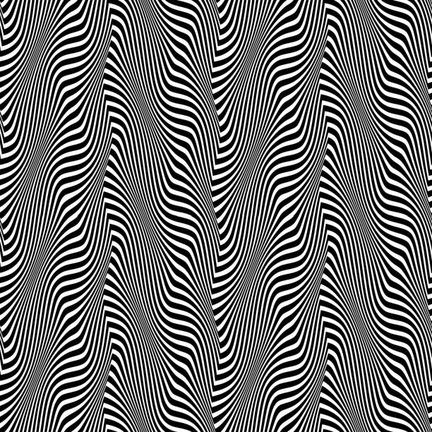 Seamless pattern of black white distorted stripes. Optical illusion vibrating repeatable texture of warped lines. Seamless pattern of black white distorted stripes. Optical illusion vibrating repeatable texture of warped lines. zebra print stock illustrations
