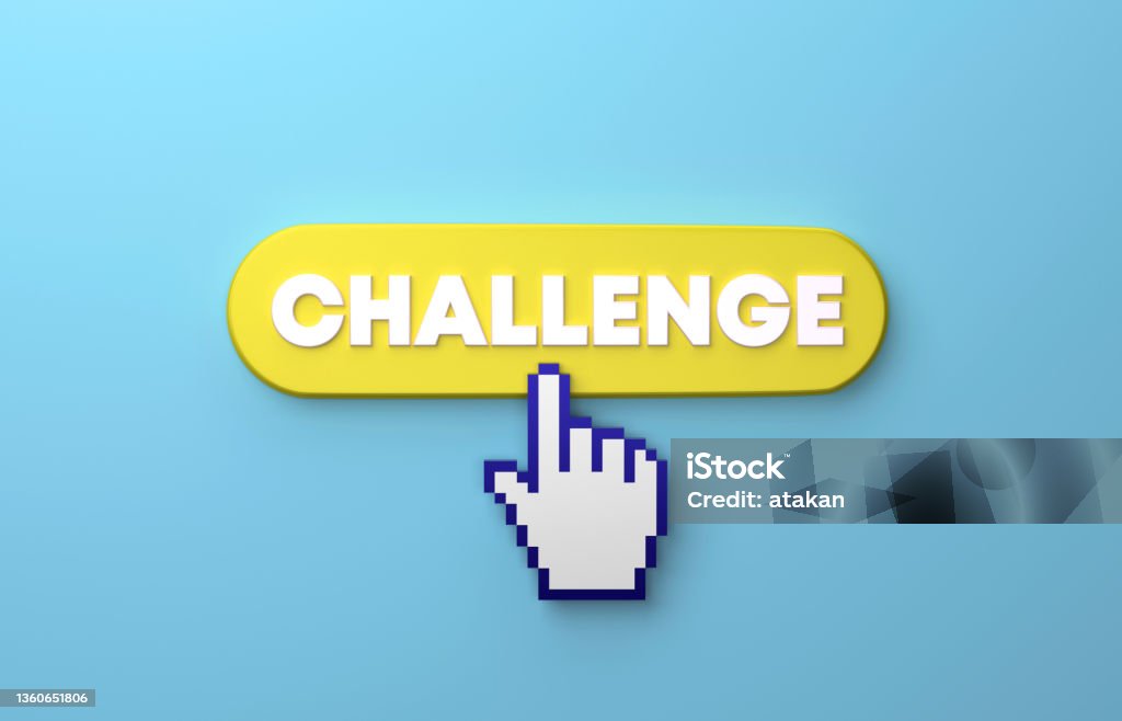 Cursor Hand Clicking Over A Yellow Challenge Push Button Cursor Hand Clicking Over A Yellow Challenge Push Button On Blue Background. Web banner and internet concept. Challenge Stock Photo
