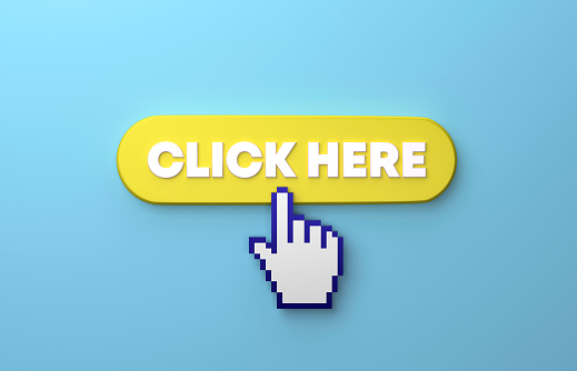 Cursor Hand Clicking Over A Yellow Click Here Push Button On Blue Background. Web banner and internet concept.