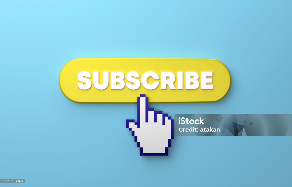 Cursor Hand Clicking Over A Yellow Subscribe Push Button Cursor Hand Clicking Over A Yellow Subscribe Push Button On Blue Background. Web banner and social media concept. Subscription Stock Photo
