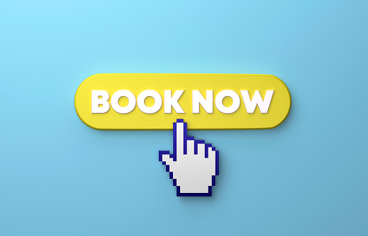 Cursor Hand Clicking Over A Yellow Book Now Push Button On Blue Background. Online booking concept.