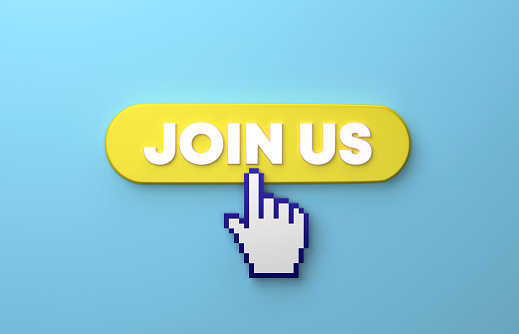 Cursor Hand Clicking Over A Yellow Join Us Push Button On Blue Background. Web banner and internet concept.