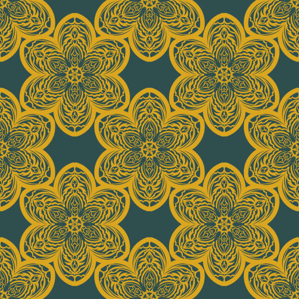 istock Green and yellow seamless pattern with vintage ornament. Good for covers, fabrics, postcards and printing. 1360652934