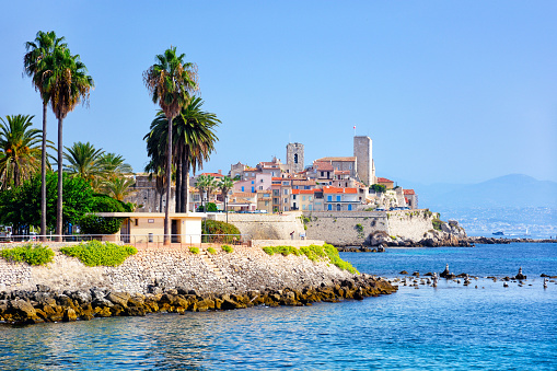 Seascape of the old town and fortification Antibes on the french riviera in France