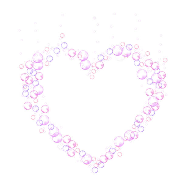 발포성 거품프레임은 심장의 형태로 되어 있습니다. 흰색 배경에 고립 된 분홍색 비누 거품. 사실적인 벡터 그림입니다. 발렌타인 과 사랑의 상징. - water drop bubble bubble wand stock illustrations