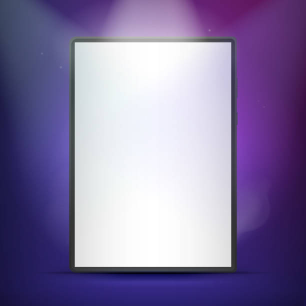istock Tablet on a podium for a product presentation or showcase with spotlights on a blue colored background. 3D modern minimalist layout. Vector illustration. 1360654974