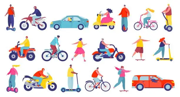 Vector illustration of People on different city transport, characters riding personal vehicles. Men and women on bicycle, motorbike, scooter, skateboard vector set