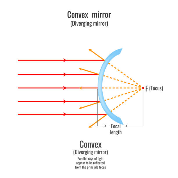Reflection of light on convex mirror Reflection of light on convex mirror. Illustration showing ray diagrams diverging mirror. convex stock illustrations