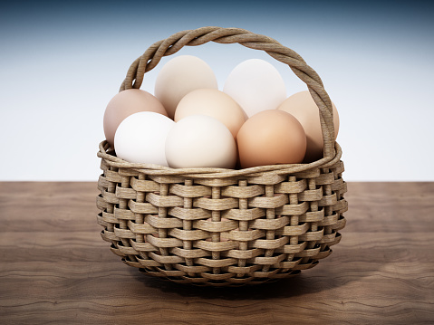 Different colored chicken eggs inside basket. Conceptual 3D illustration about diversity in asset management