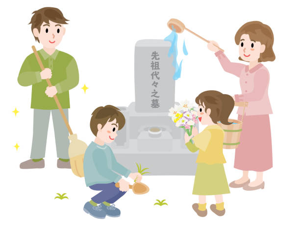 A family of 4 visiting and cleaning a grave during on equinoctial week and Japanese letter. Translation : "Ancestral tomb" first day of spring 2021 stock illustrations