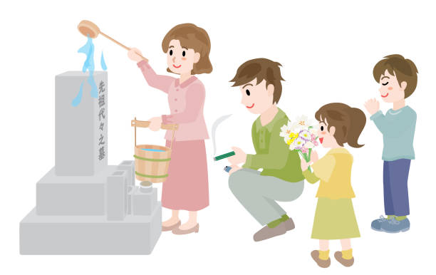 ilustraciones, imágenes clip art, dibujos animados e iconos de stock de una familia de 4 personas visitando una tumba durante la semana equinoccial y la carta japonesa. - first day of spring