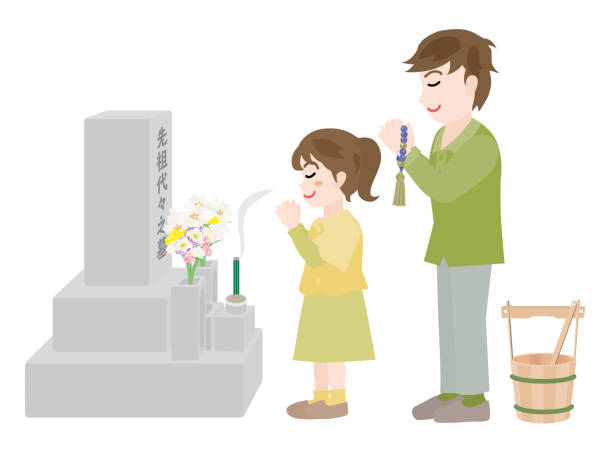 A parent and child visiting a grave during on equinoctial week and Japanese letter. Translation : "Ancestral tomb" first day of spring 2021 stock illustrations