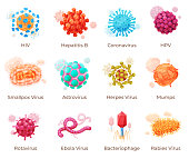 Human viruses with names infographic collection vector. Disease virus cell medical microbiology