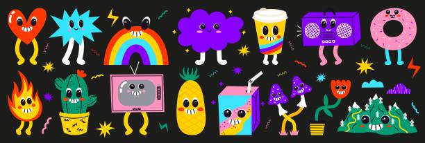 Vector collection of abstract funny characters Vector collection of abstract funny characters. Psychedelic comic faces smiling. Retro heart, star, rainbow, cloud, cup, radio, donut, cactus, tv, pineapple, mushrooms, mountain stickers hearts playing card illustrations stock illustrations