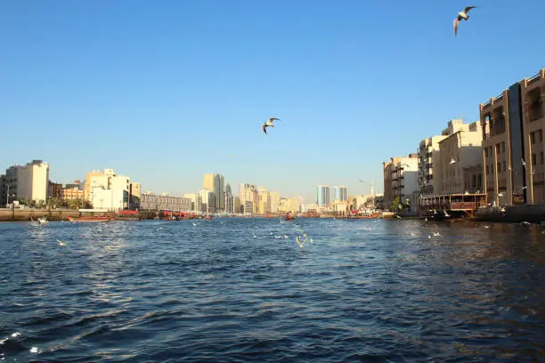 Photo of Dubai Creek. Nice view of the bay. Landscape. Background. Dubai, March, 2018.