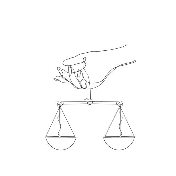 ilustrações de stock, clip art, desenhos animados e ícones de hand drawn hand holding weight scale symbol for world day of social justice in continuous line drawing - scales of justice illustrations