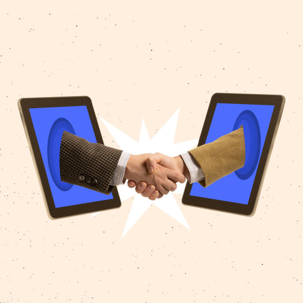 Contemporary art collage. Two male hands sticking out tablet screen and doing handshake