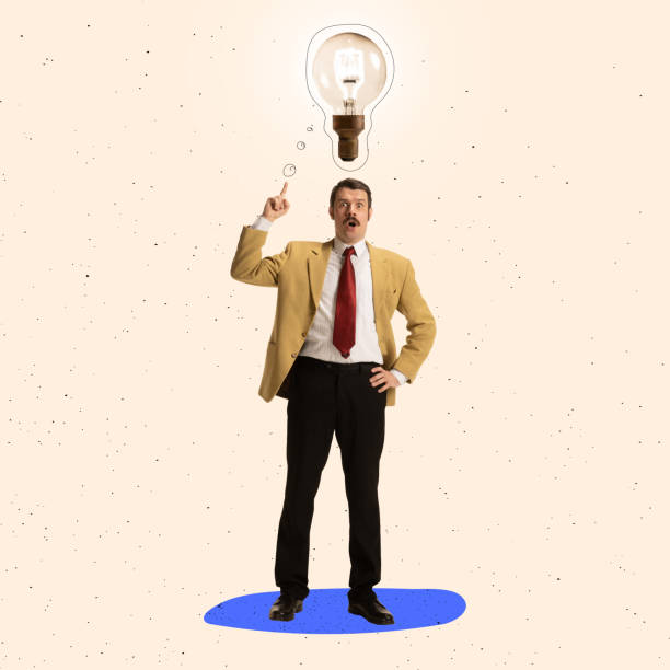 istock Creative business collage of businessman with lightbulb above head symbolizing ideas, inspiration and innovation 1360665282