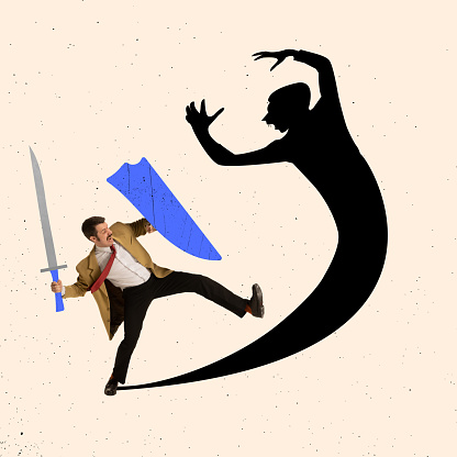 Creative artwork of businessman fighting with his own shadow symbolizing overcoming internal fears and barriers. Cocept of success, motivation, personal strength, inner conflict. Copy space for ad